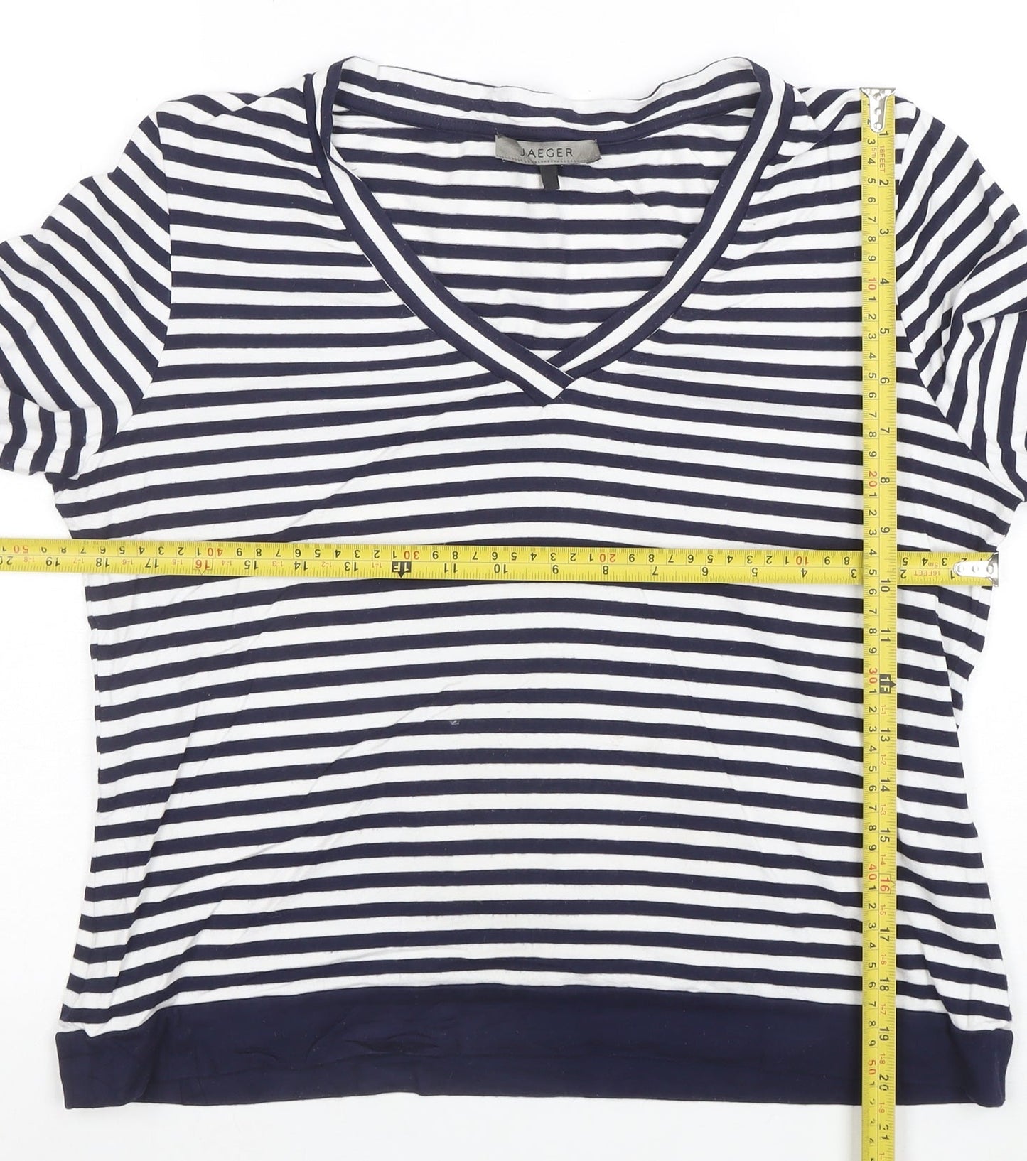 Jaeger Women's Blue White Striped V-Neck Jersey Top Size L