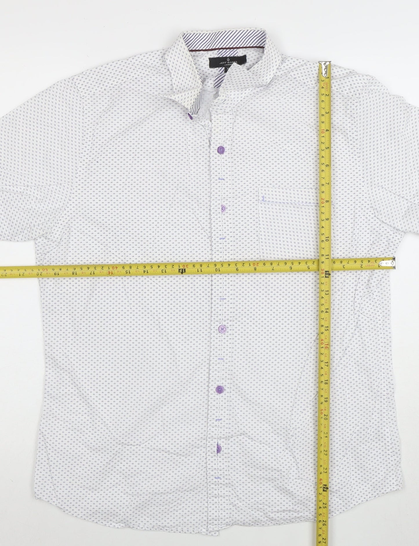 Jeff Banks Men's White Geometric Short Sleeve Button-Up Shirt M