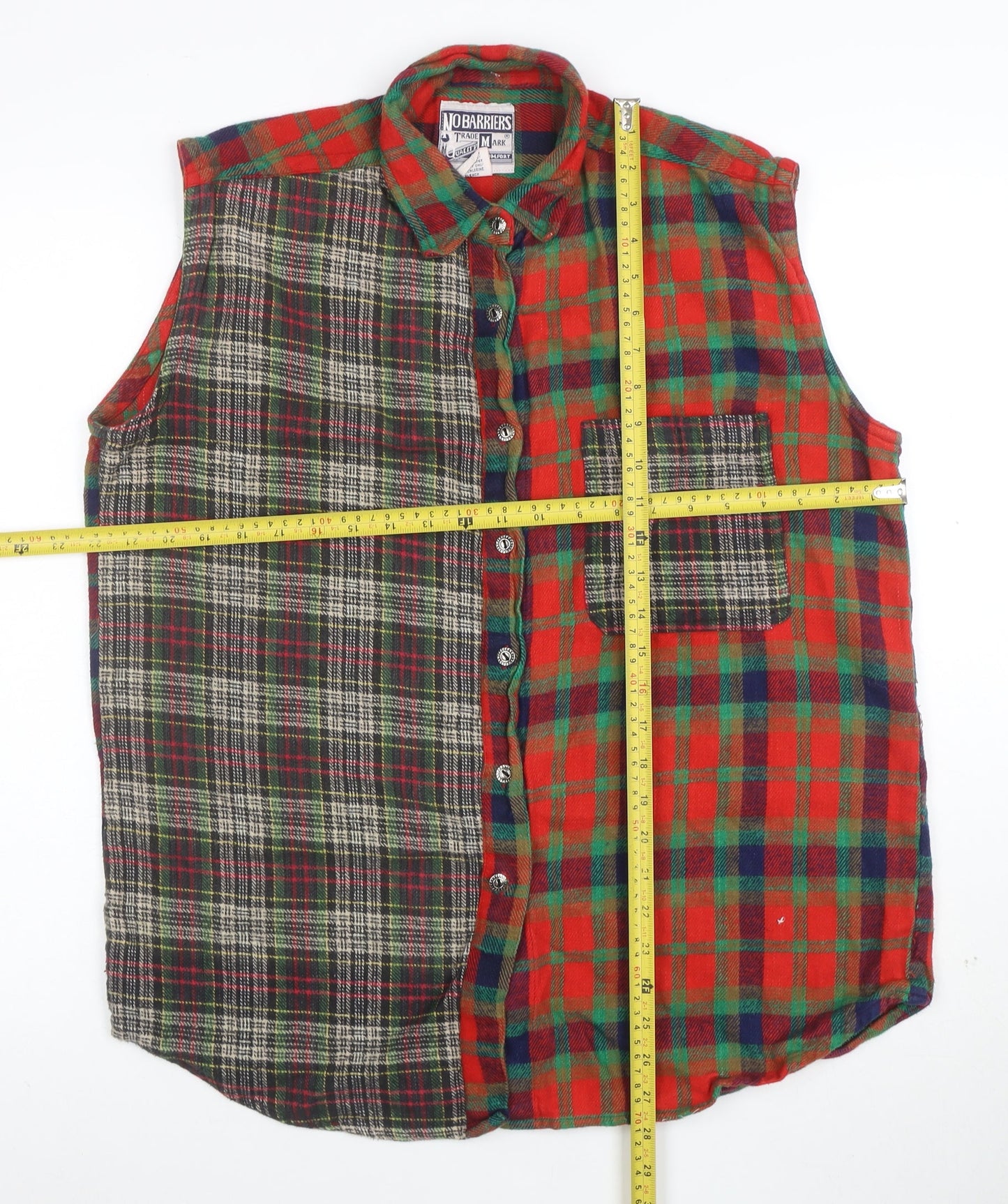 No Barriers Men's Multicoloured Sleeveless Flannel Check Button-Up Shirt L