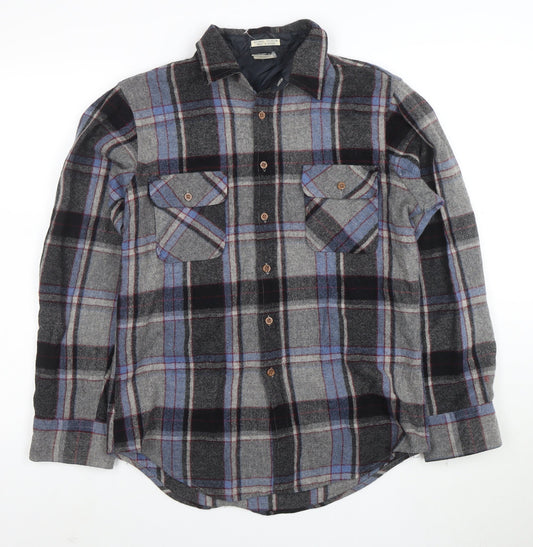 Vintage Campus Men's Grey Plaid Wool Flannel Button-Up Shirt M