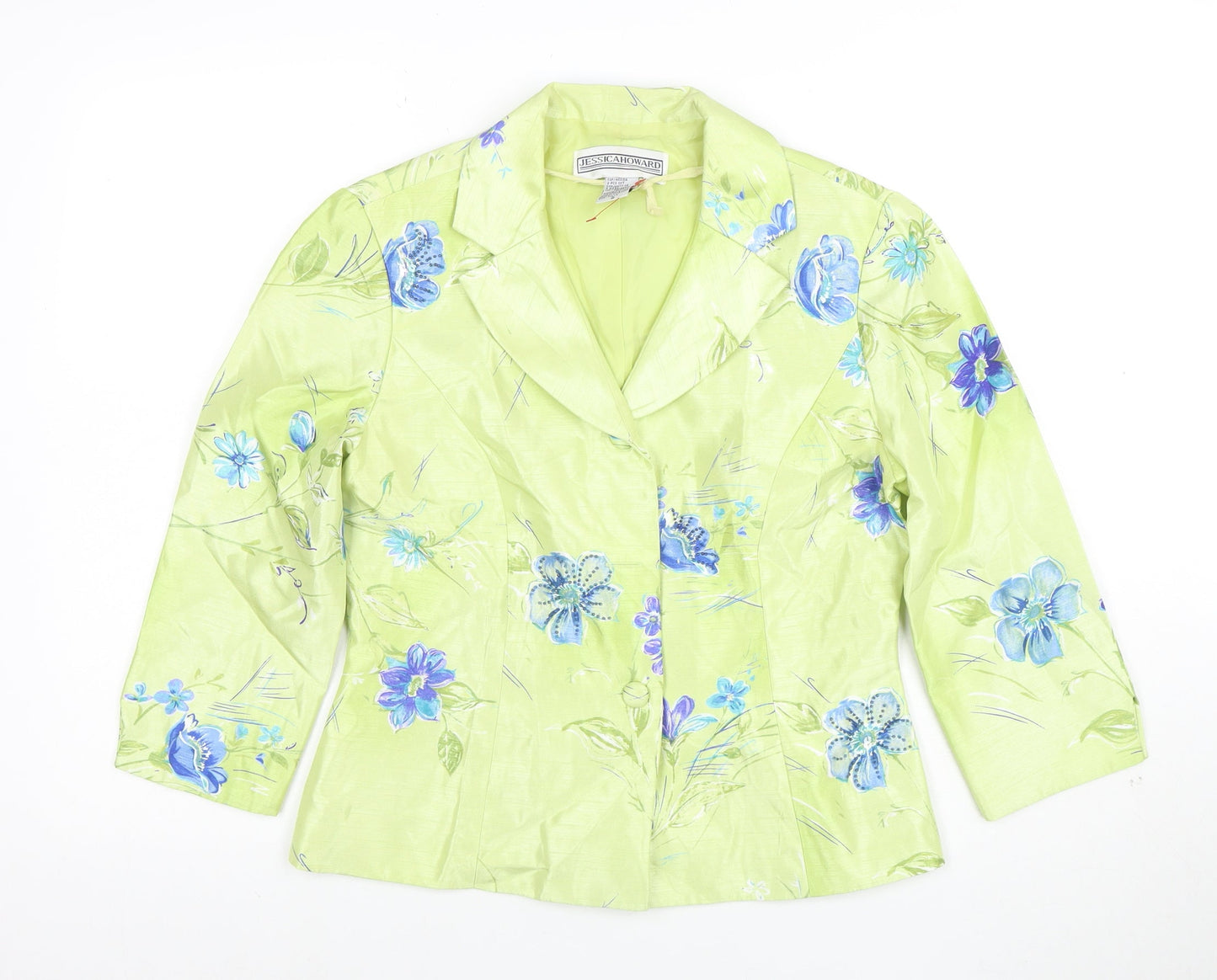 Jessica Howard Women Green Floral Suit Jacket Size 10 Shawl Lapel