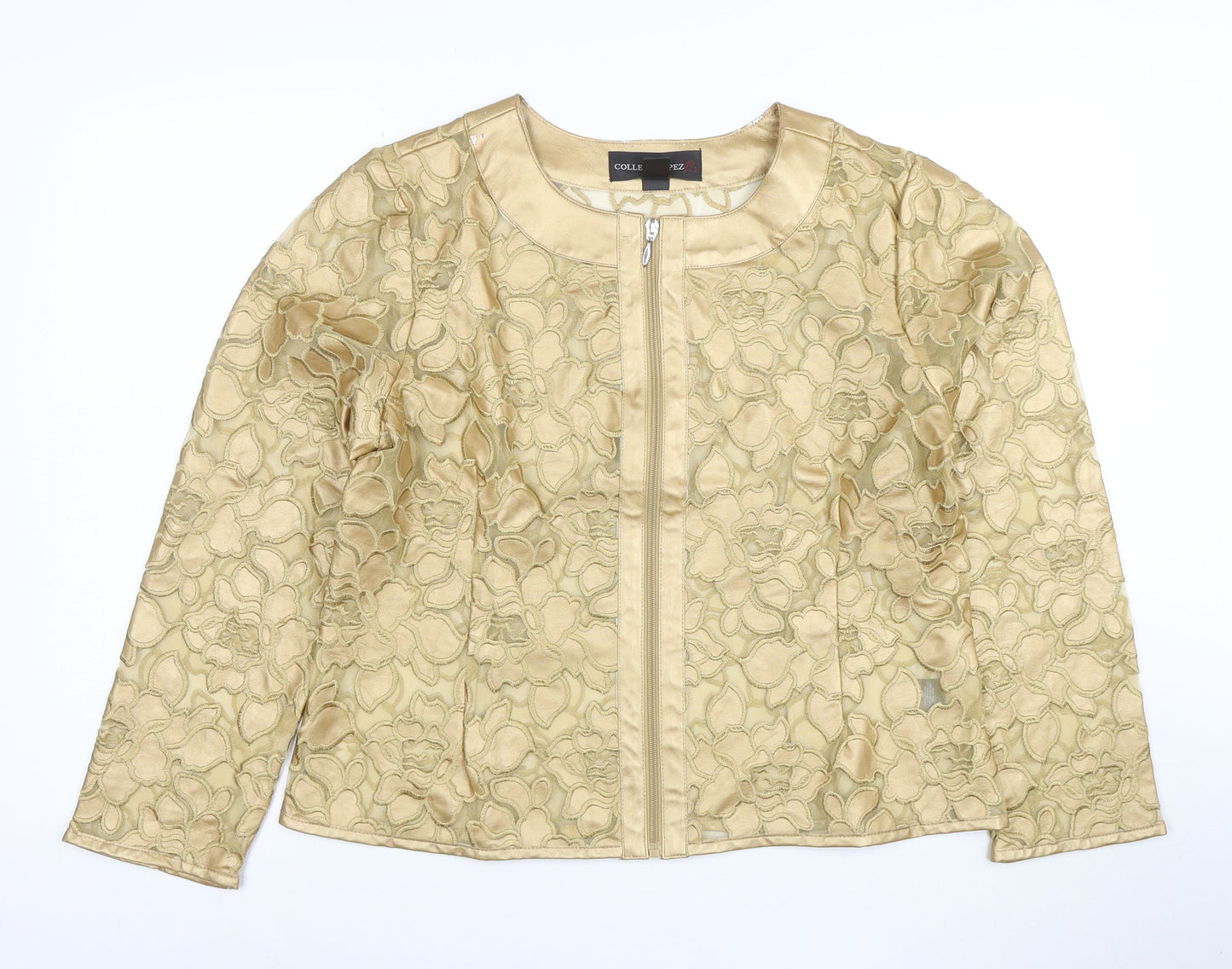 Colleen Lopez Women Gold Floral Embroidered Zip Jacket L Short Formal