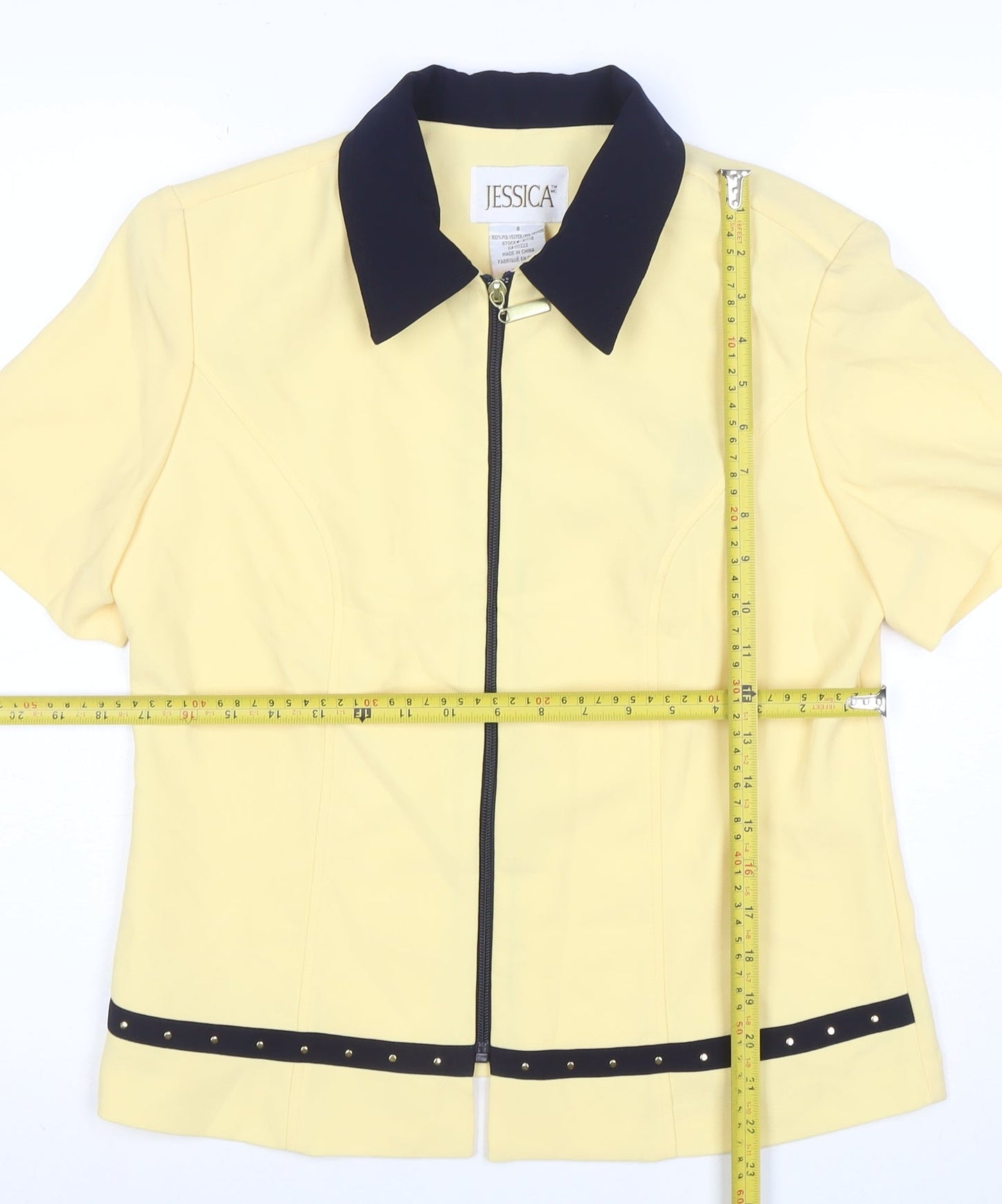 Jessica Womens Yellow Collared Zip Blouse Size 8 Short Sleeve