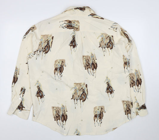 Jones New York Country Women’s Ivory Silk Polo Horse Print Button-Up Shirt Size 12