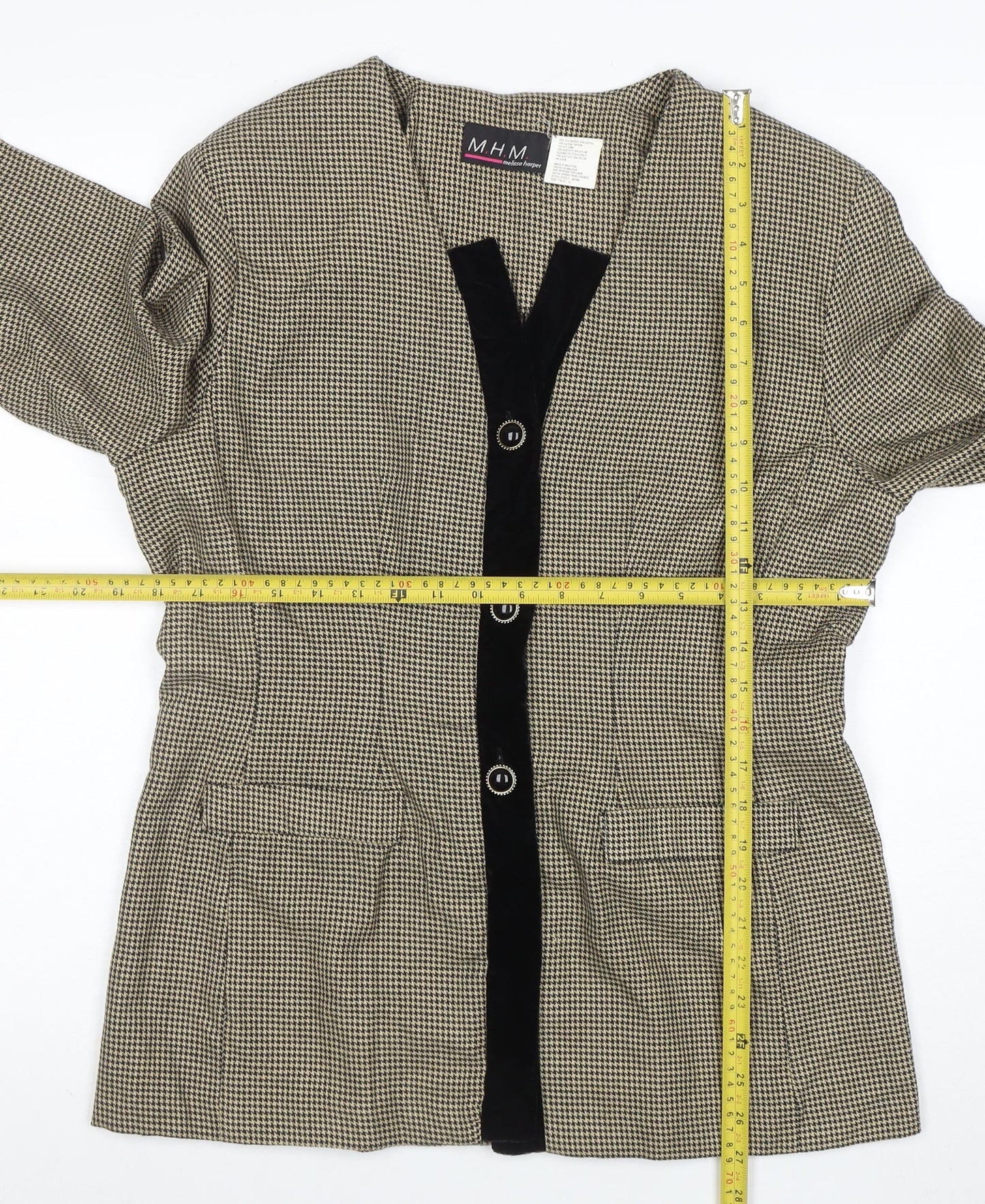 Melissa Harper Womens Beige Houndstooth Velvet Trim Suit Jacket Size 8