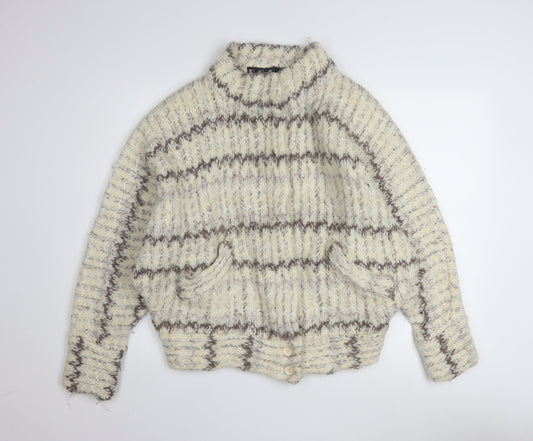 P.G.E. Women's Beige Chunky-Knit Wool Mohair Cardigan Size L