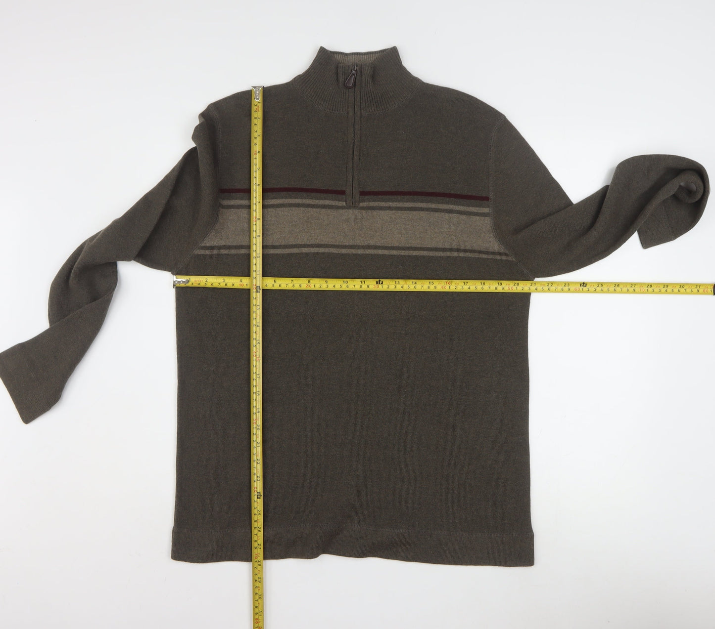 REUNION Men’s Brown 1/4 Zip High Neck Striped Jumper Size L