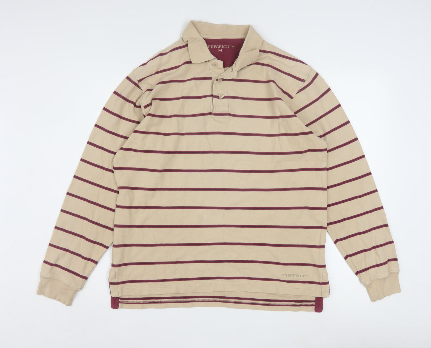 Tyrwhitt Men's Beige Striped Long Sleeve Cotton Polo Shirt Size M