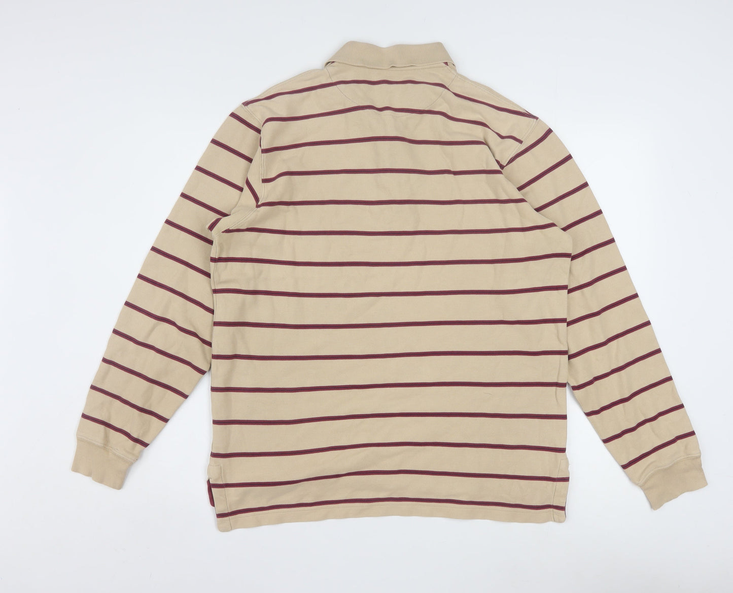 Tyrwhitt Men's Beige Striped Long Sleeve Cotton Polo Shirt Size M