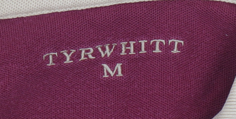 Tyrwhitt Men's Beige Striped Long Sleeve Cotton Polo Shirt Size M