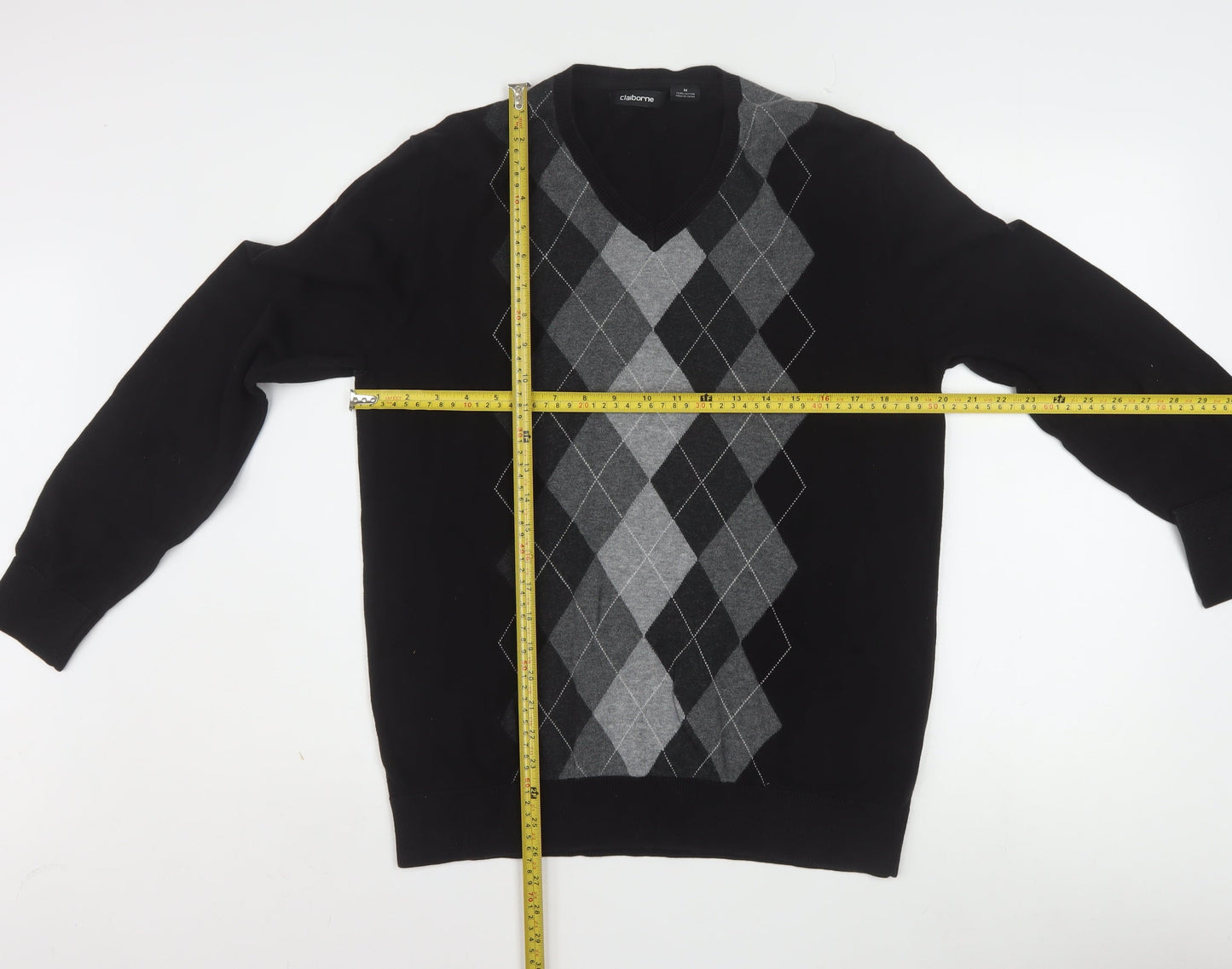 Claiborne Men's Black Argyle V-Neck Cotton Jumper Size M