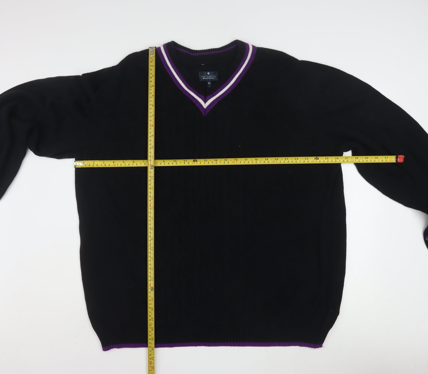 Tartan Blu Men's Black Purple Trim V-Neck Cotton Jumper XL