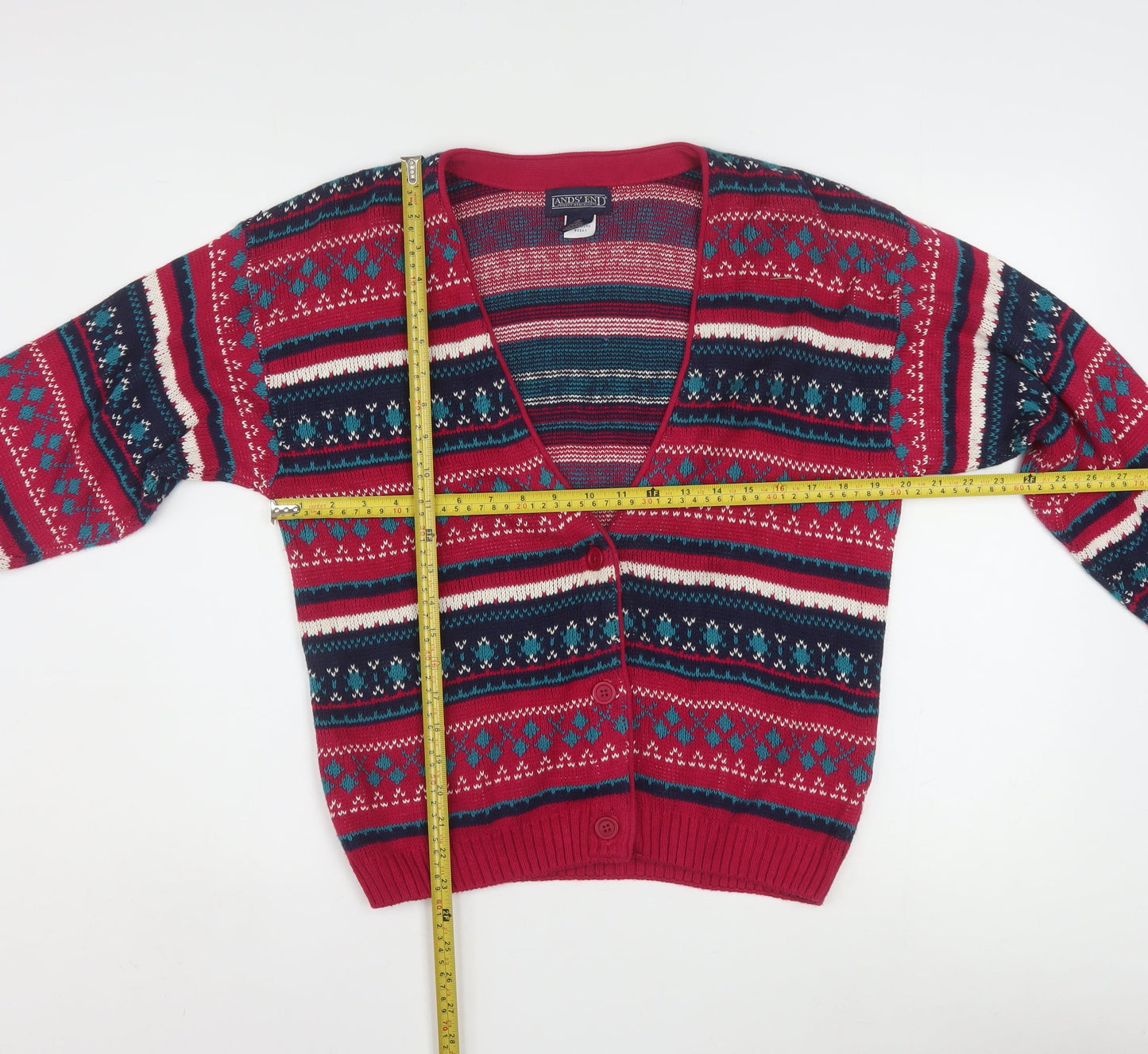 Lands' End Women's Red Fair Isle Cotton Cardigan Size L