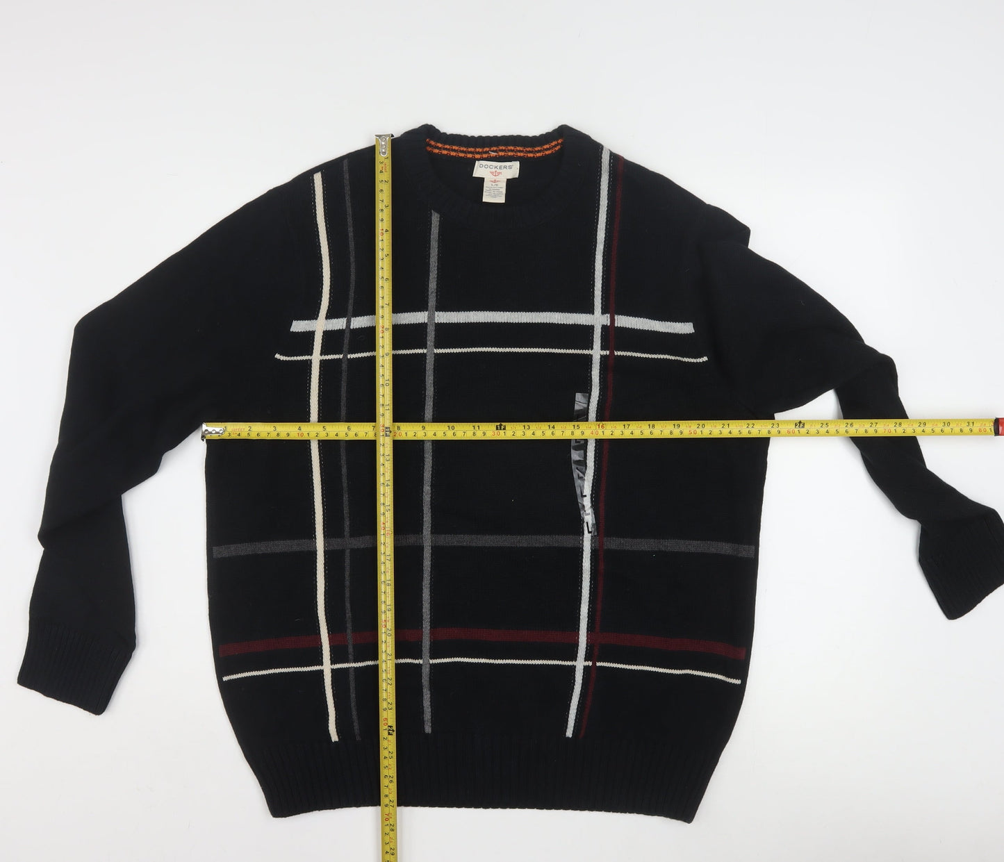 Dockers Men Black Check Cotton Crew Neck Pullover Jumper L