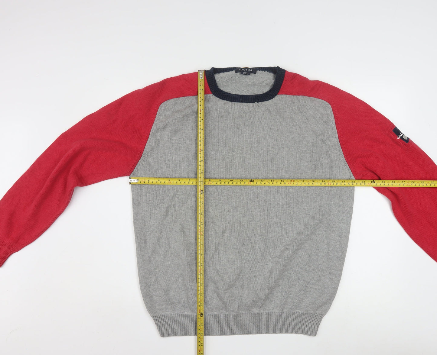 Nautica Men's Grey Red Cotton Crew Neck Pullover Jumper M