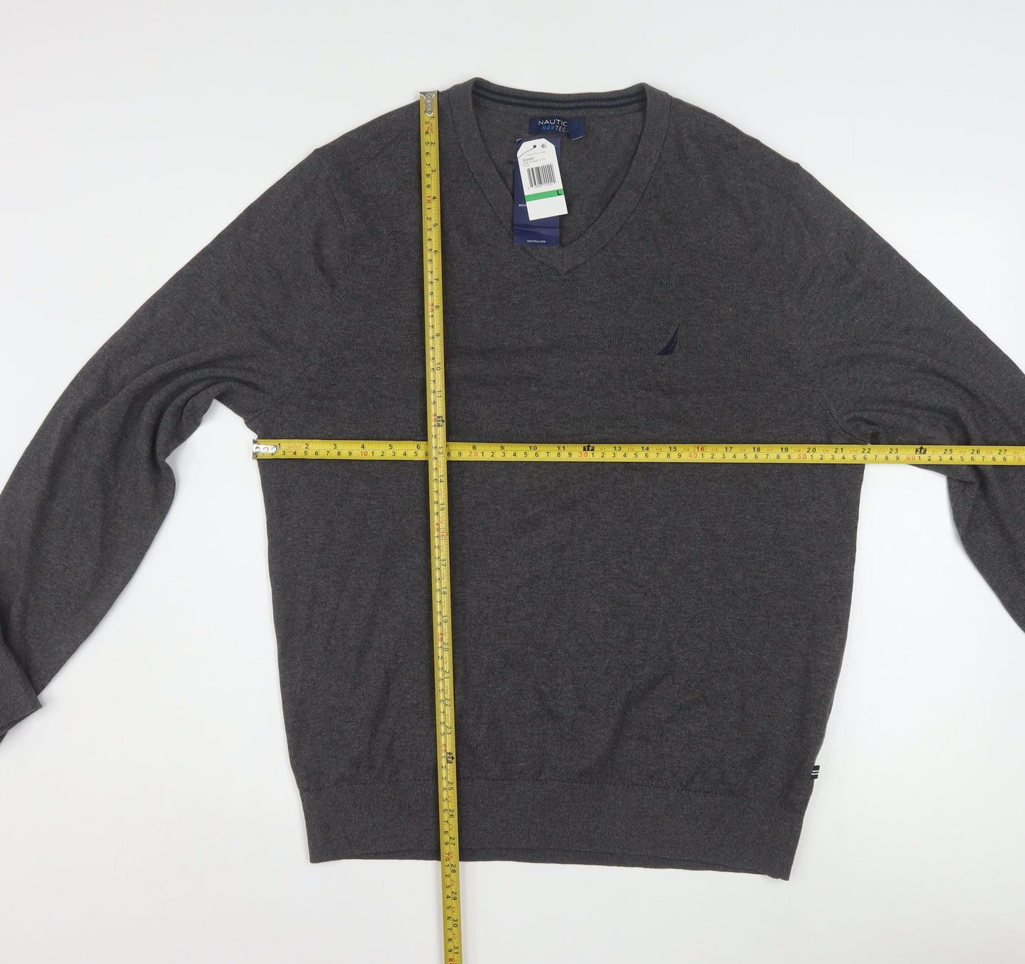 Nautica Men’s Grey V-Neck Pullover Jumper L Cotton Blend
