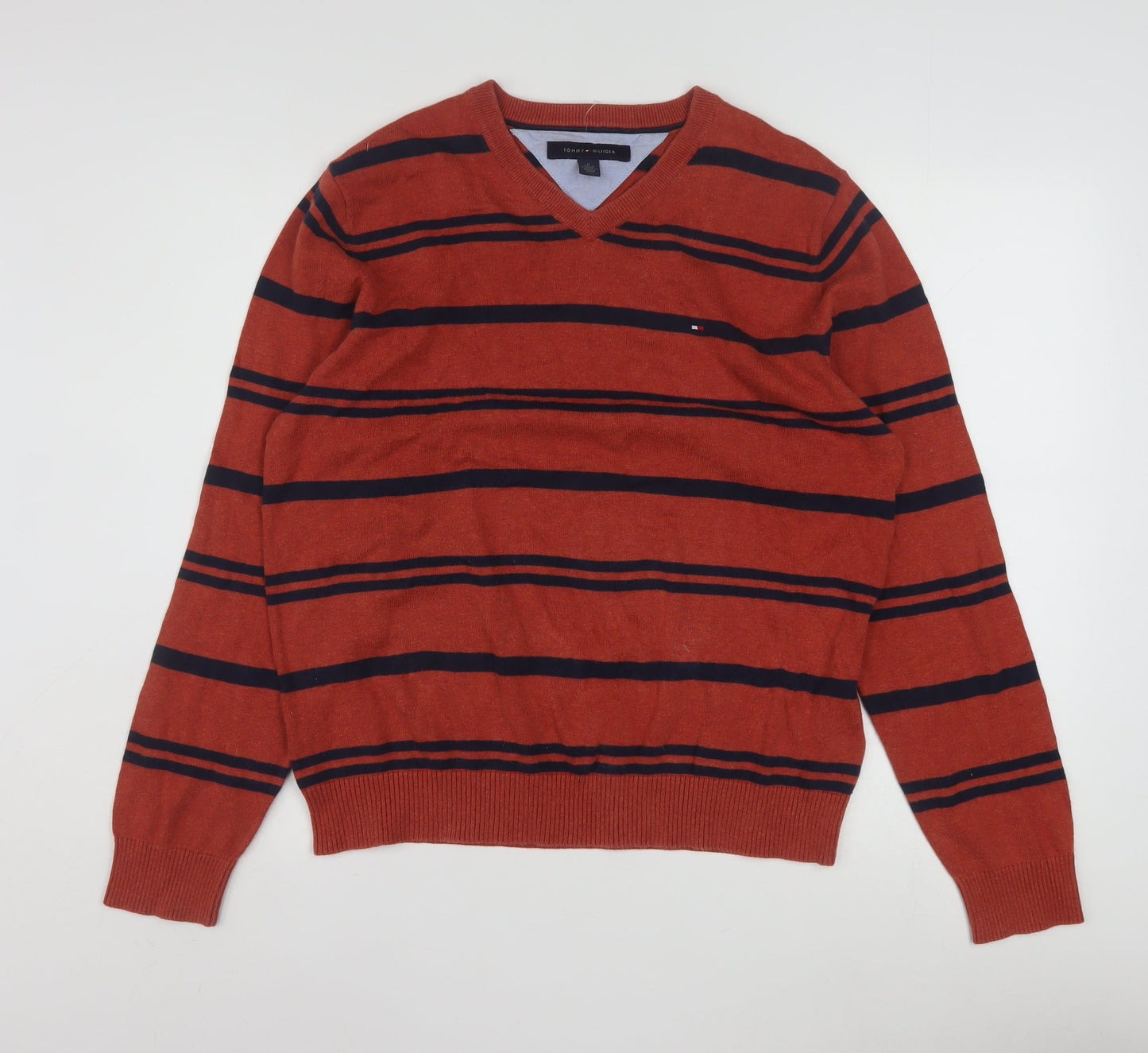 Tommy Hilfiger Men's Red Striped V-Neck Cotton Jumper Size M