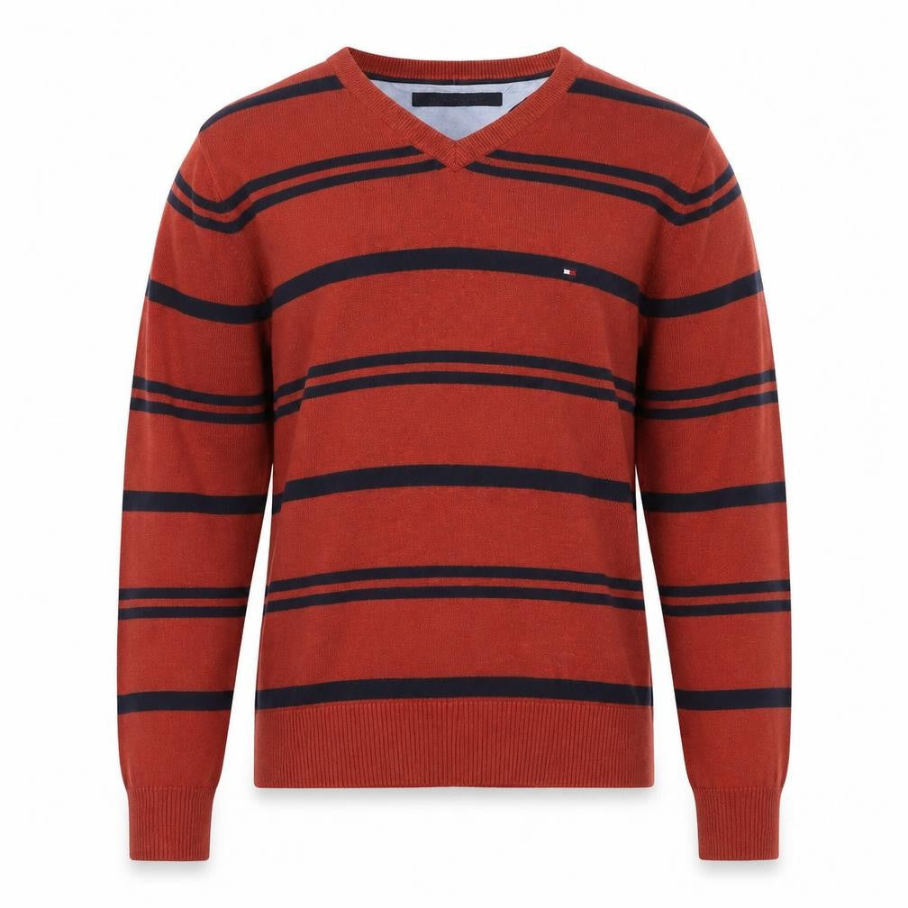 Tommy Hilfiger Men's Red Striped V-Neck Cotton Jumper Size M