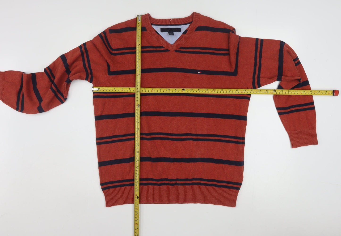 Tommy Hilfiger Men's Red Striped V-Neck Cotton Jumper Size M