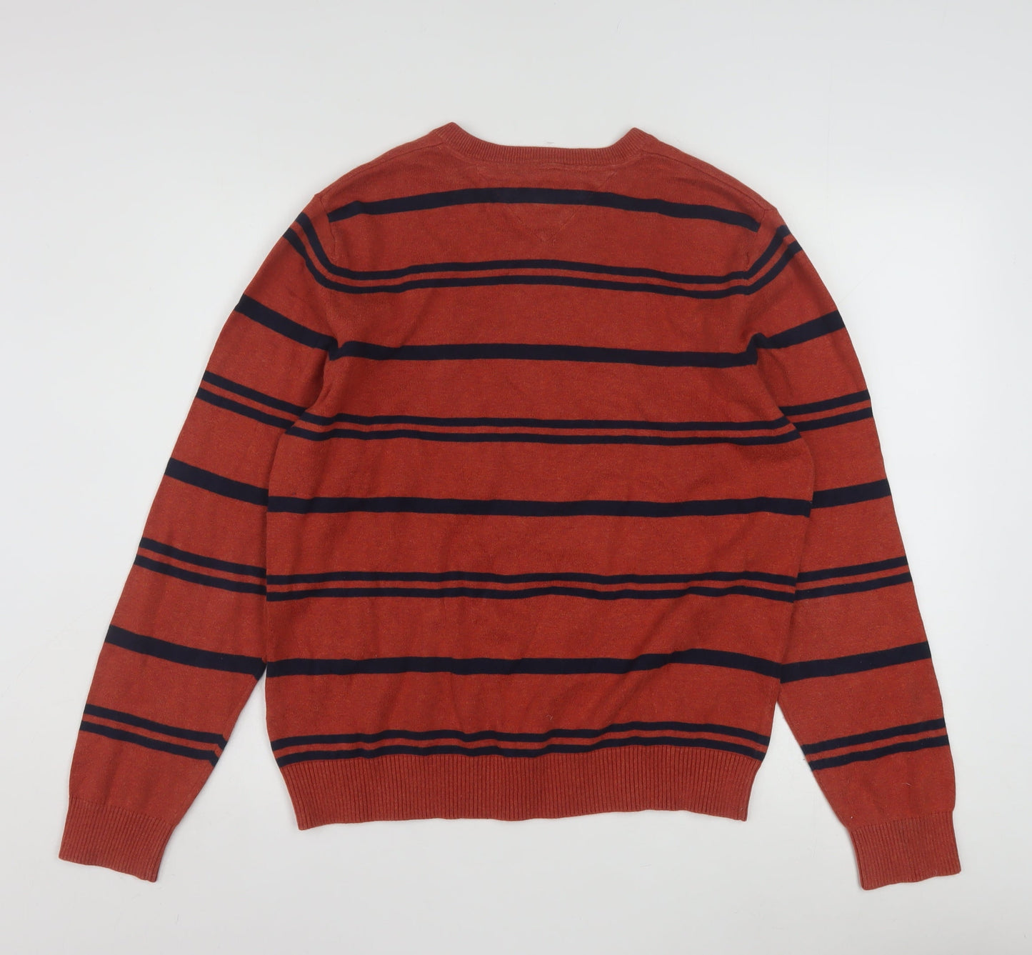 Tommy Hilfiger Men's Red Striped V-Neck Cotton Jumper Size M