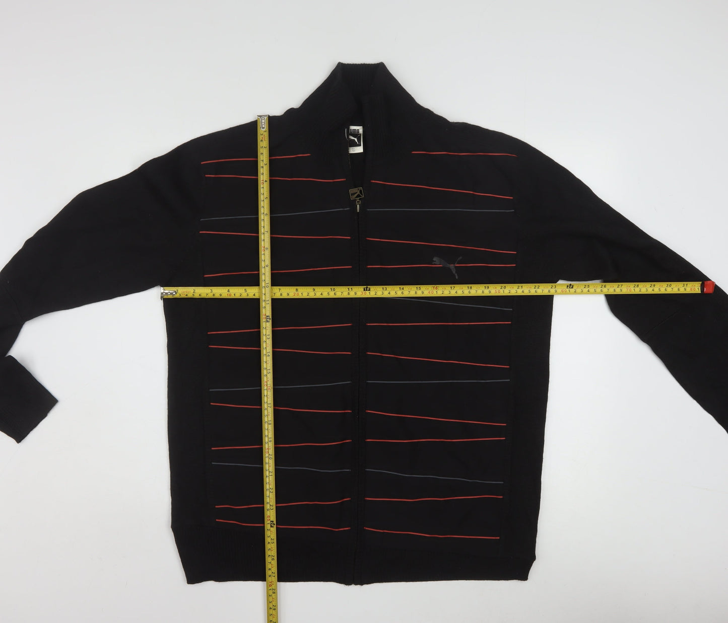 Puma Men's Black XL Full Zip Wool Blend Striped Jumper