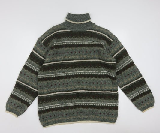 San Francisco Collection Men's Green Wool Fair Isle Roll Neck Jumper M