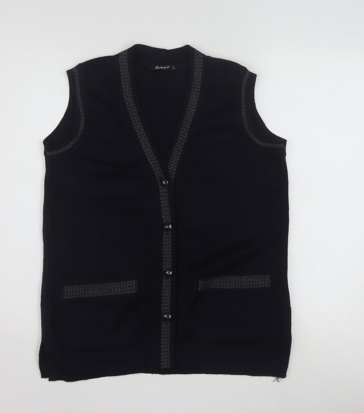 Back view of Eutuxia Men's Black Sleeveless Knit Vest Jumper S Classic
