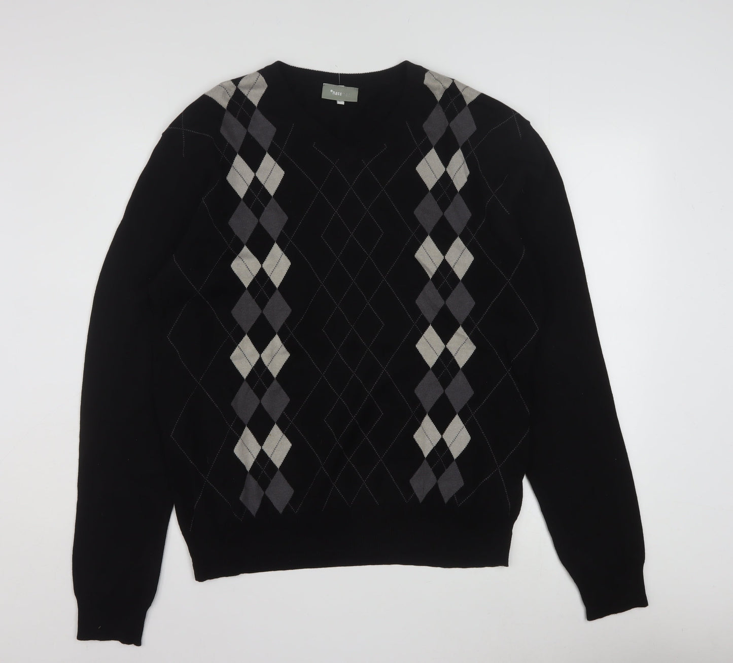 Nassmon Men's Black Argyle V-Neck Pullover Jumper Size L