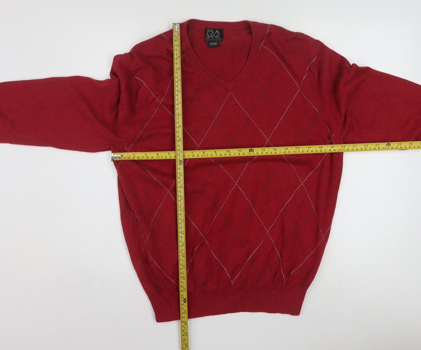 Jos. A. Bank Men’s Red Argyle V-Neck Cotton Jumper Size L