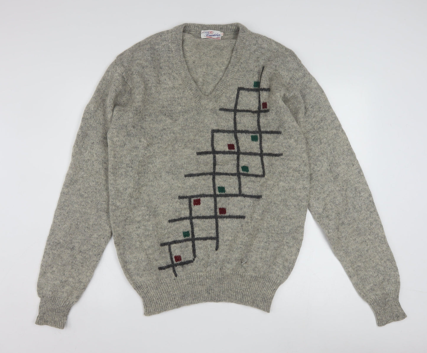 Friendship Men's Grey Wool V-Neck Geometric Pullover Jumper L