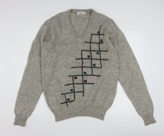 Friendship Men's Grey Wool V-Neck Geometric Pullover Jumper L