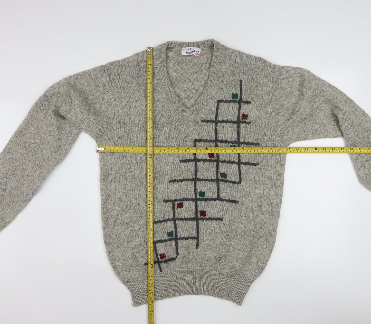 Friendship Men's Grey Wool V-Neck Geometric Pullover Jumper L