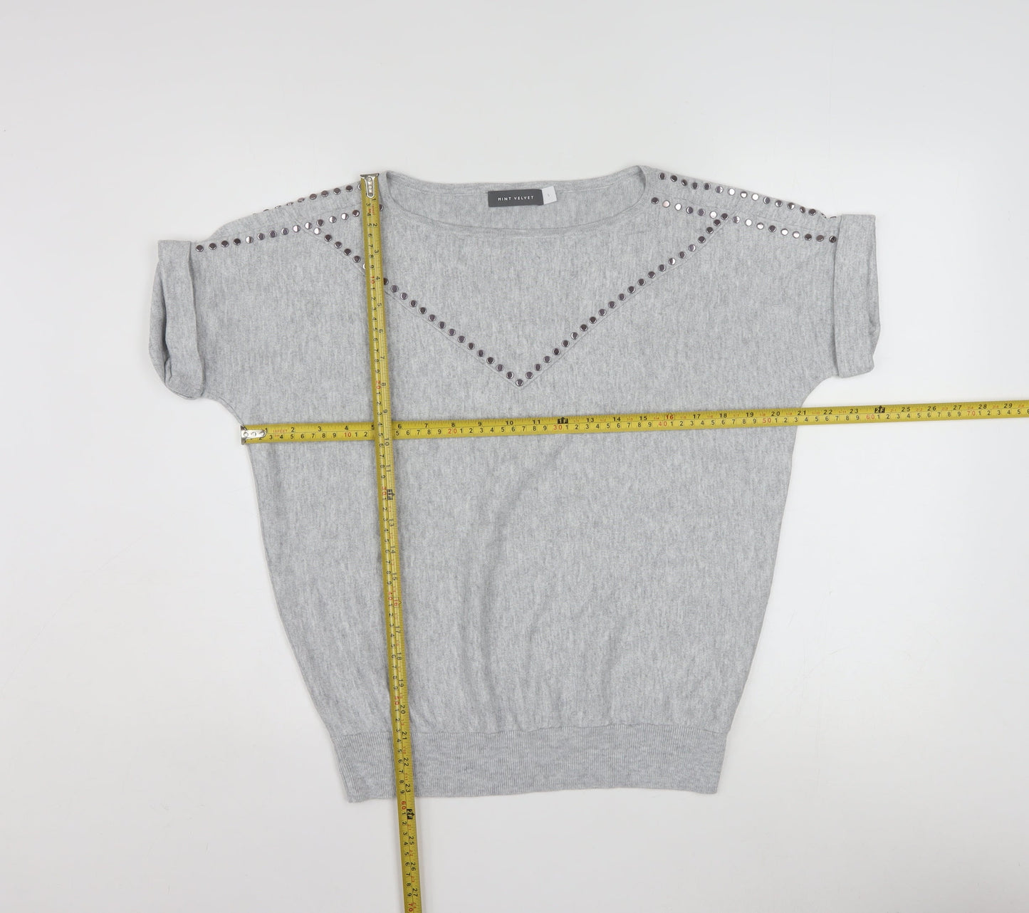 Mint Velvet Womens Grey Studded Knit Short Sleeve T-Shirt Size S