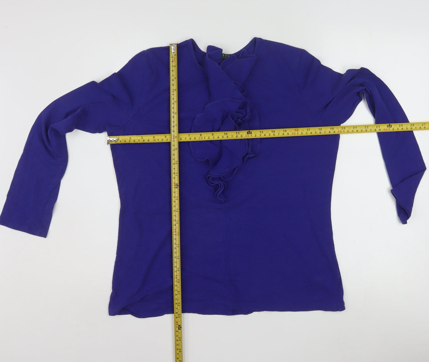 Ralph Lauren Women's Blue Ruffle Long Sleeve Cotton Modal Tunic Blouse L