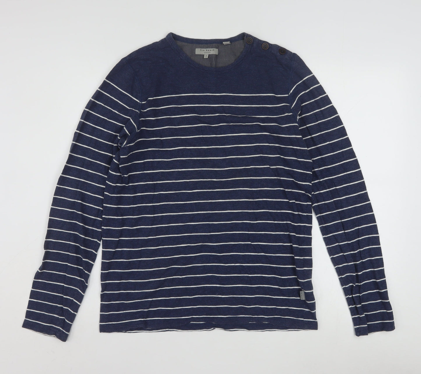 Ted Baker Men Blue Striped Cotton Long Sleeve Button Crew Neck Top M