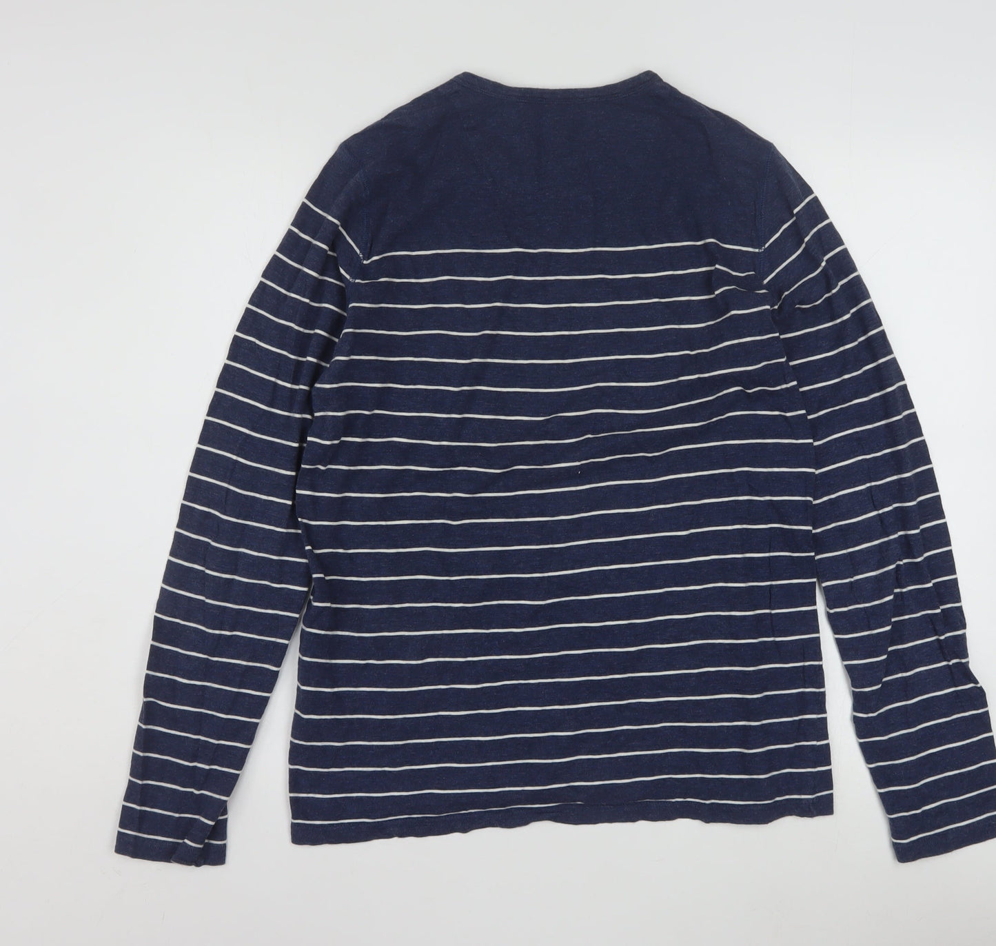 Ted Baker Men Blue Striped Cotton Long Sleeve Button Crew Neck Top M