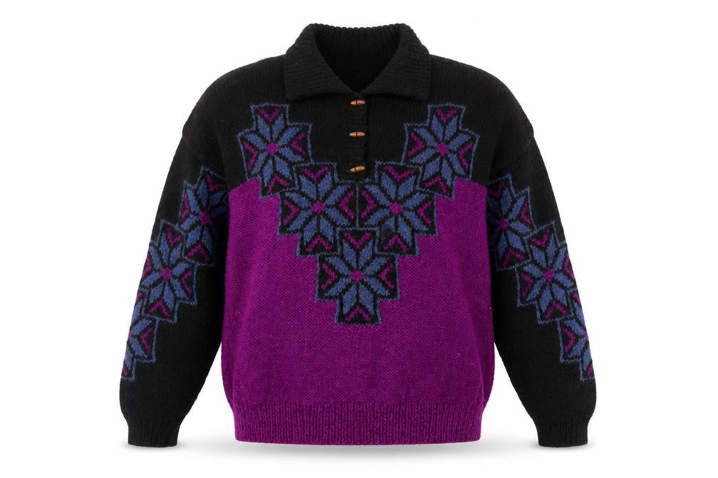 Lazle Men's Purple Black Wool Collared Chunky Knit Pullover Jumper L