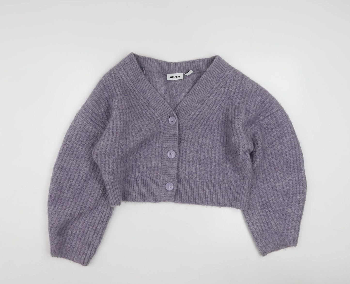 Weekday Women Purple Ribbed Cropped Cardigan XS Wool Blend Knit