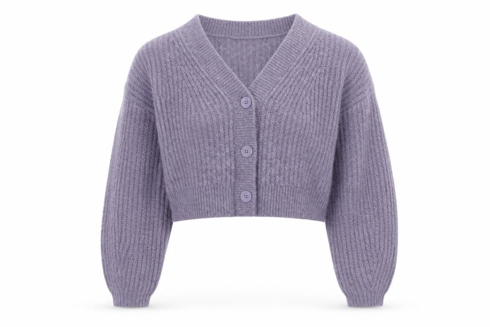 Weekday Women Purple Ribbed Cropped Cardigan XS Wool Blend Knit