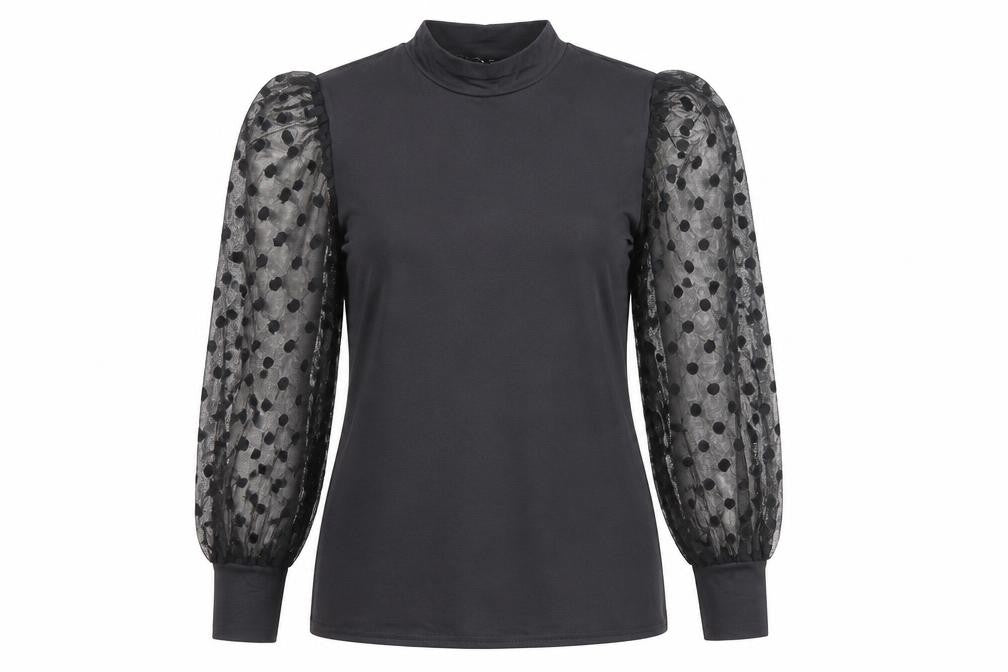 New Look Women’s Black Polka Dot Mesh Sleeve High Neck Blouse UK 14