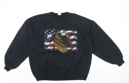 Jerzees Men's Black Patriotic Eagle Flag Crew Neck Fleece Sweatshirt L