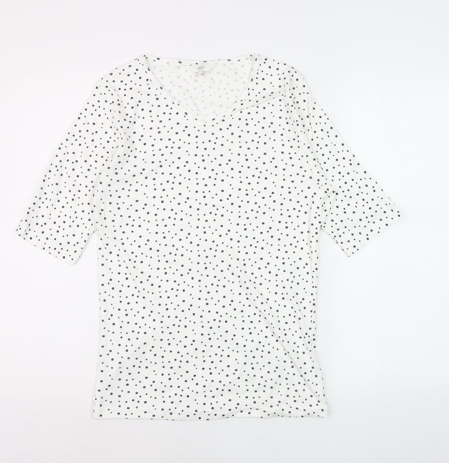 Cotton Traders Womens Ivory Polka Dot 3/4 Sleeve V-Neck T-Shirt Size 10