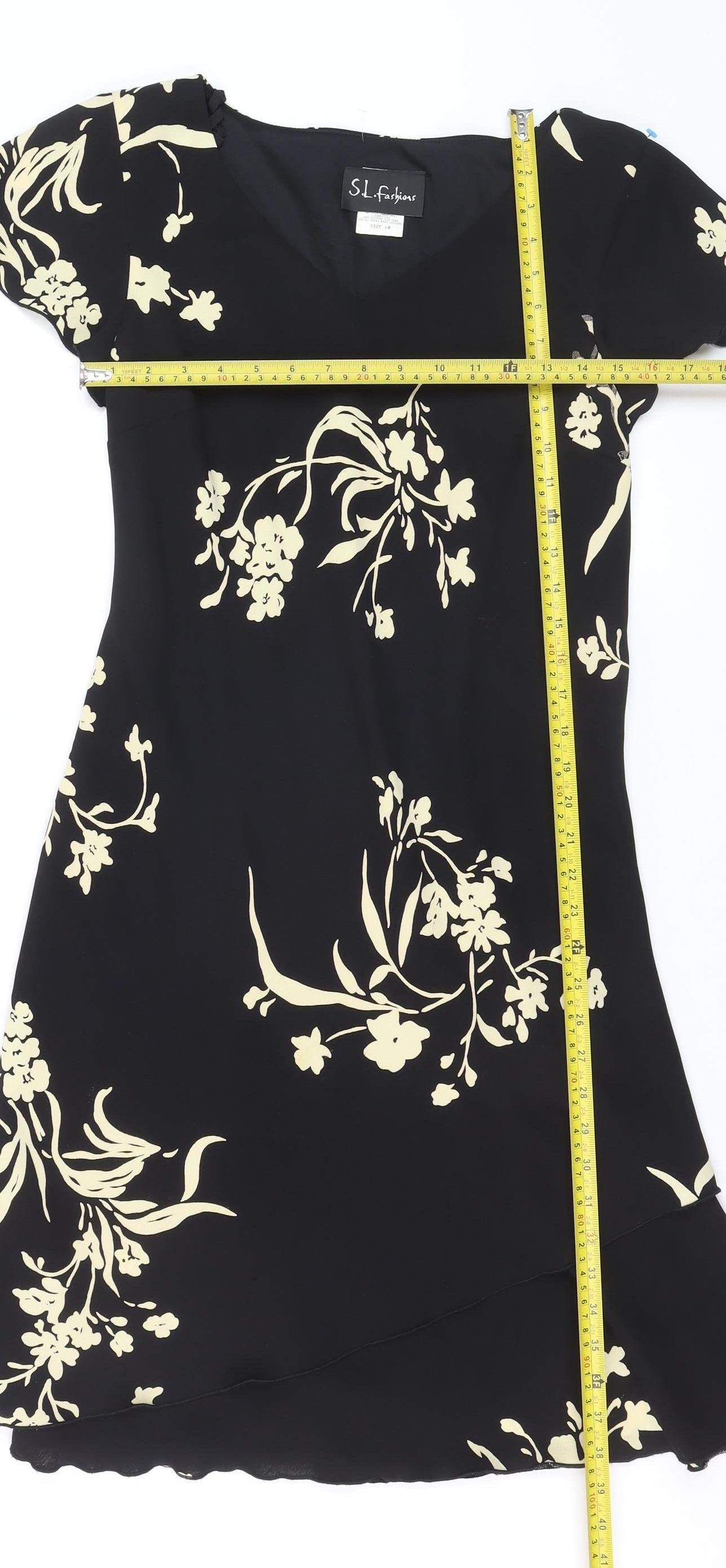 S.L. Fashions Women’s Black Floral Asymmetric Dress Size 10