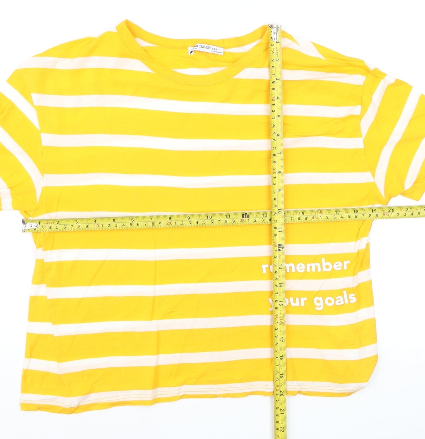Zara Trafaluc Women's Yellow Striped Cropped Cotton T-Shirt S