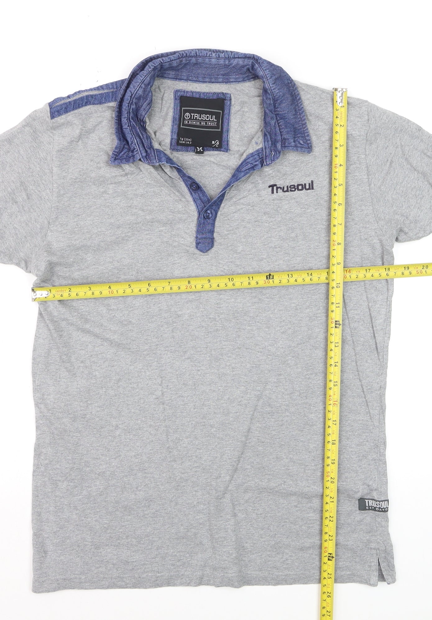 Trusoul Men's Grey Short Sleeve Denim Collar Polo Shirt Size M