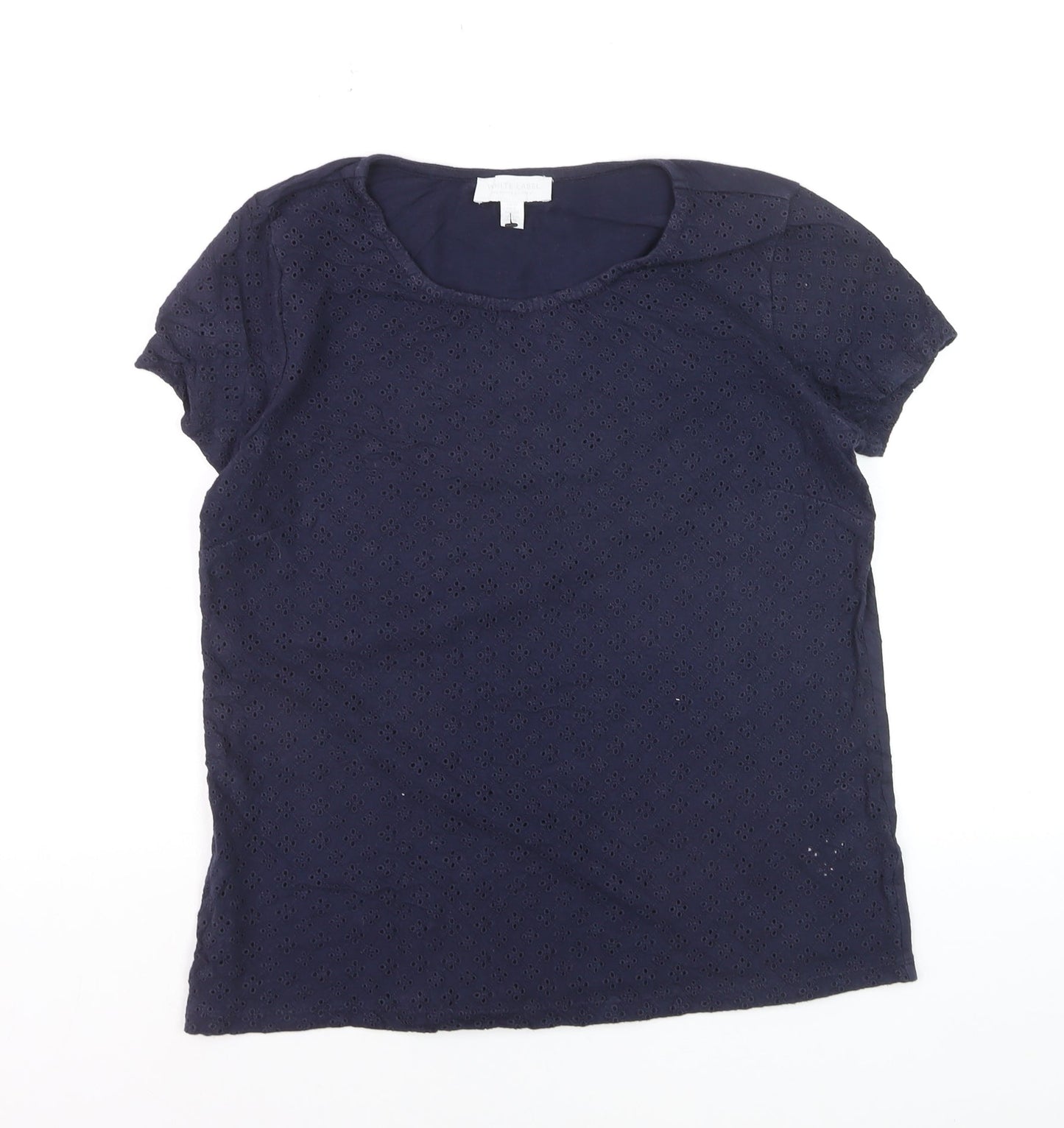 The White Company Women Navy Blue Eyelet Cotton Short Sleeve T-Shirt Size 10