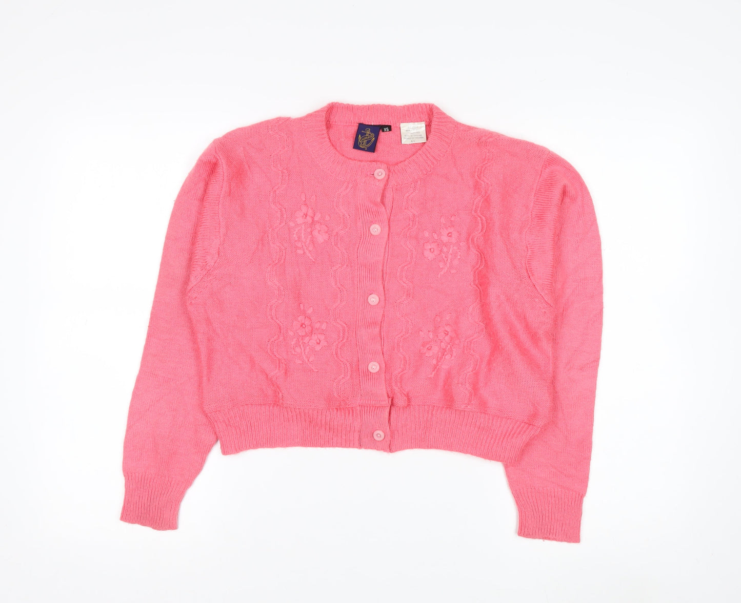 Beyond Retro Women's Pink Acrylic Cardigan XS Floral Knit