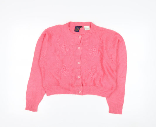 Beyond Retro Women's Pink Acrylic Cardigan XS Floral Knit