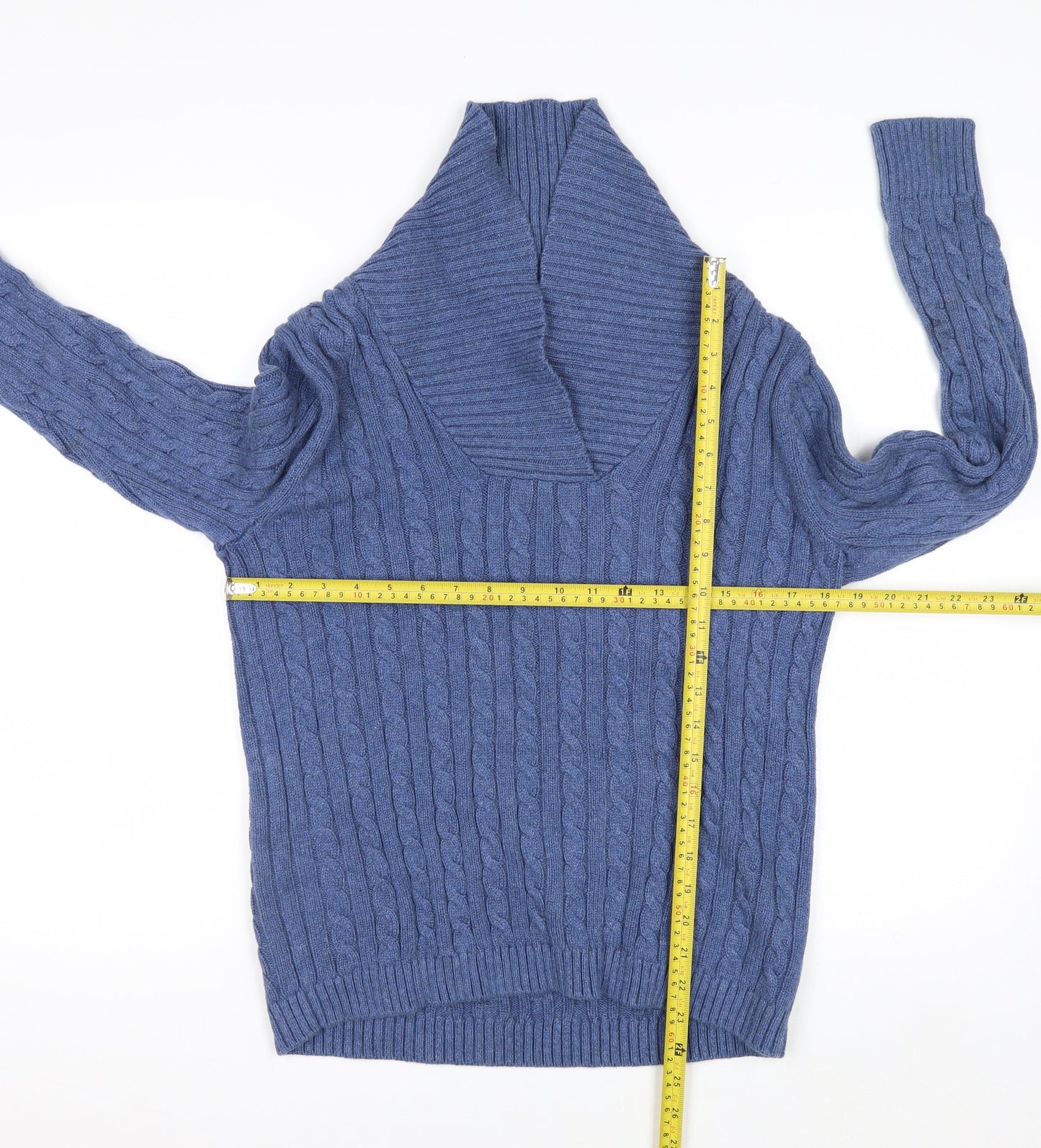 L.L.Bean Men's Blue Cable-Knit Cotton V-Neck Jumper Size L