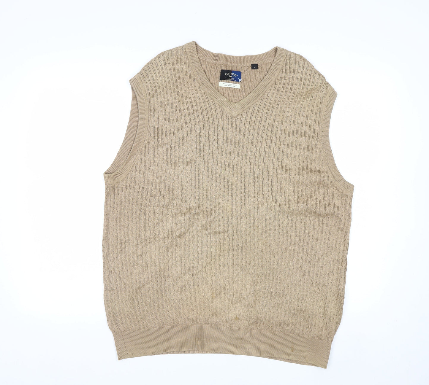 Callaway Men Beige Cotton Golf Vest L V-Neck Sleeveless Jumper